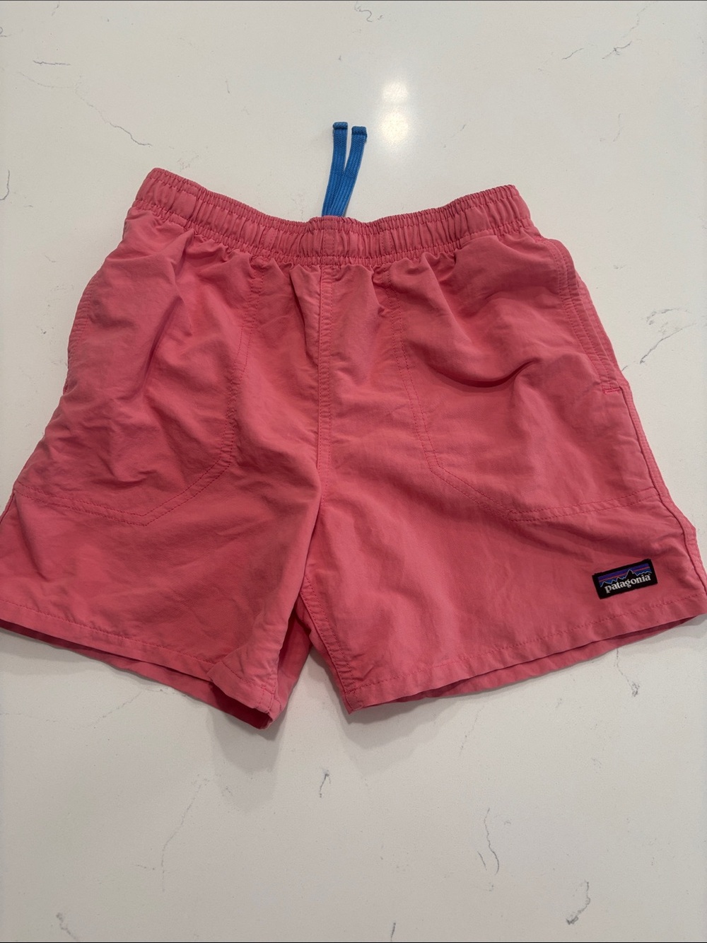 Patagonia Kids Coral Pink Swim Shorts with Blue Drawcord - Large